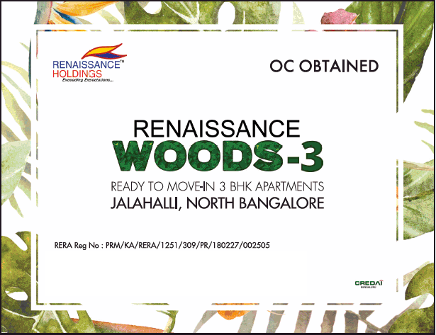 Ready to move in 3 BHK apartments at Renaissance Woods 3 in Bangalore